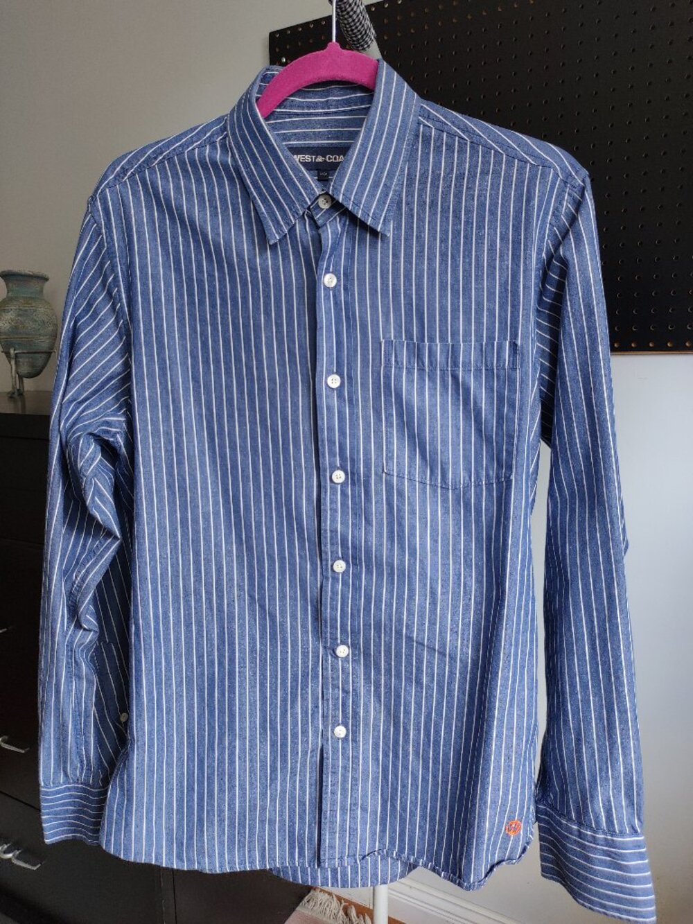 Pre-owned West Coast men's button shirt blue with white stripes size M cotton